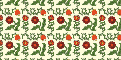 Seamless pattern with cute hand drawn fun flowers in groovy style. Background with trendy botanical floral elements in trendy retro trippy psychedelic hippie 70s 80s style. Vector illustration.