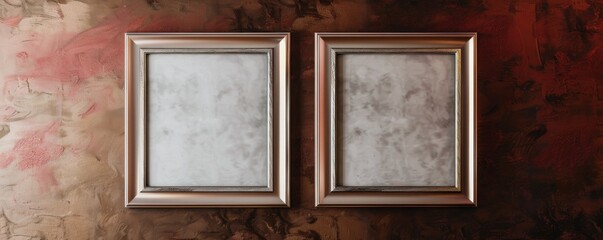Fototapeta premium Two silver frames on a rich brown wall, avant-garde gallery mockup captured in high definition.