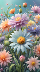 Obraz premium Vertical Beautiful wallpaper background with flowers and pastel color petals in nature in a fiel of summer or spring Copy space