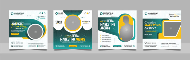 Digital Marketing Social Media Post Template, Online Live Webinar, Business Conference, Guest Speaker Web Banner Square Flyer Design Set.