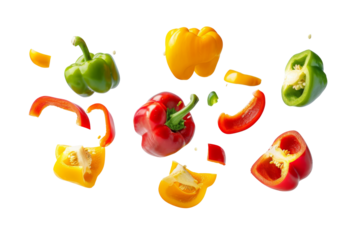 Falling bell peppers with green, yellow and red color isolated on background, mix whole and slices of sweet peppers.