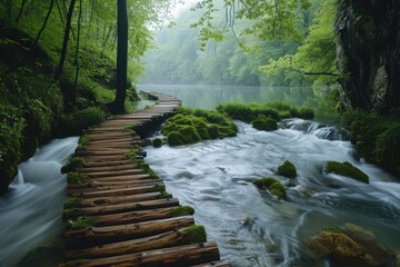 Obraz premium A wooden boardwalk built along the valley stream