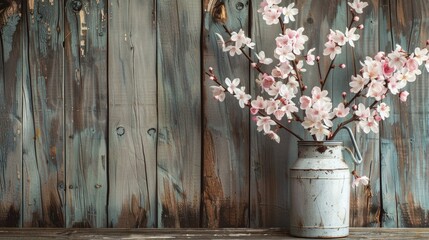 Fototapeta premium Cherry blossoms in vintage milk canister vase on rustic wooden backdrop