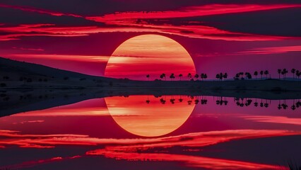 Crimson Twilight a breathtaking and otherworldly sunset scene where the sky is ablaze with vivid shades of crimson and gold.