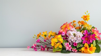 Vibrant artificial flower bouquet on table with white wall background for festive occasions