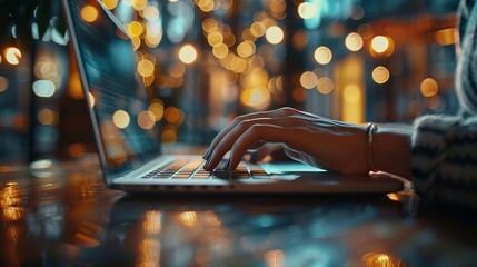 Person Typing on Laptop in Evening Cafe