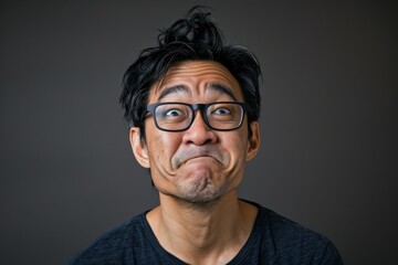 Obraz premium A man wearing glasses making a funny face, with a mischievous expression and raised eyebrows, standing against a simple gray background.