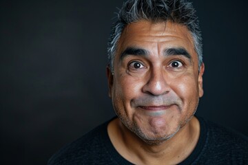 Fototapeta premium A cheerful man with gray hair smiling against a dark background, exuding joy and positivity in an intimate portrait that captures human emotion vividly.