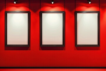 Three frames on a vibrant red wall, staggered vertically, each highlighted by an individual spotlight, creating a striking visual effect in