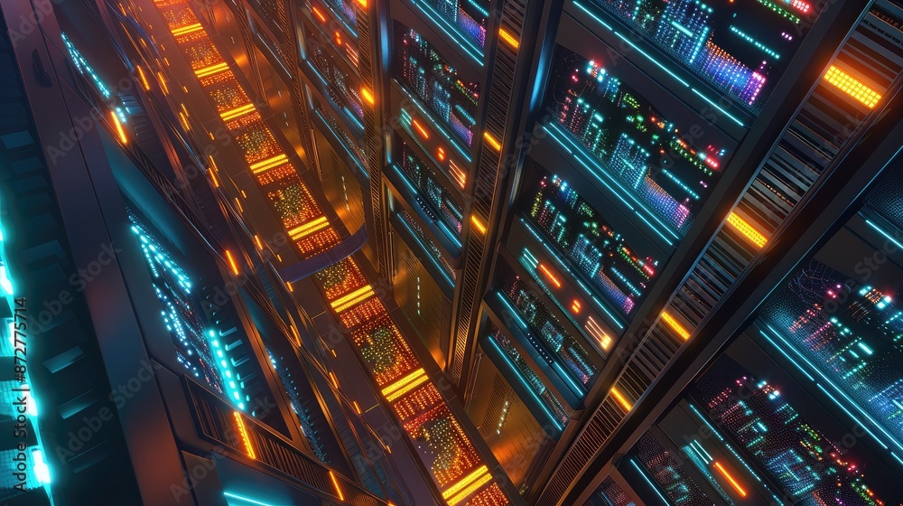 Poster an aerial view of a server farm with rows of illuminated server racks