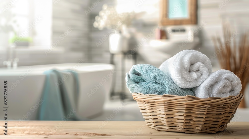 Canvas Prints Towels in basket on table with blurred bathroom background