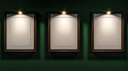 Three frames on a dark green wall, evenly spaced, each illuminated by a gentle spotlight, creating a calm and elegant look in