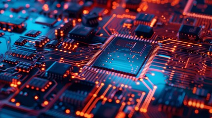 Obraz premium Circuit Board with Red and Blue Glow.