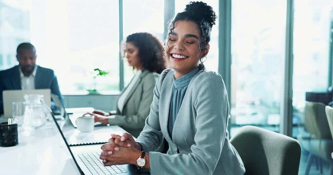 Businesswoman, laptop and research in office with face for proposal, satisfied or happy for company project. Female accountant, smile and computer for budget strategy, commitment to financial process