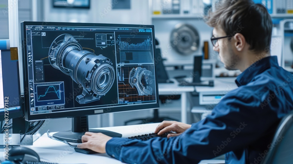 Wall mural an engineer working on a cad program in an office, designing complex machinery