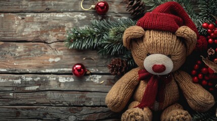 Vintage style Christmas teddy bear on wooden background