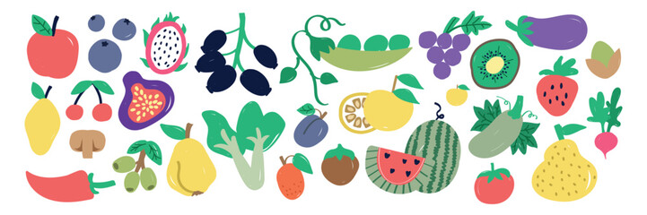 big set of cliparts vegetables, berry and fruits in flat style. Illustration of fresh vegetables and fruits— hand-drawn vector elements. Healthy natural vitamin food.
