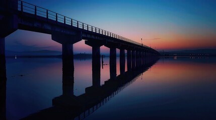 Silhouette of a bridge with reflections in calm water at dusk