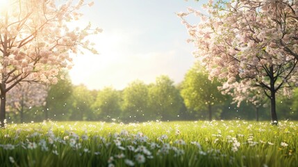 Obraz premium Blooming trees on a sunny spring day with space for text