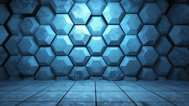 Modern abstract dark concrete interior with polygonal pattern design.