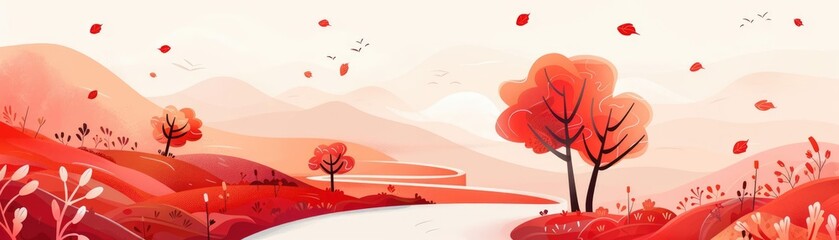 Red autumn leaves, scenic pathways, botanical garden, flat design illustration