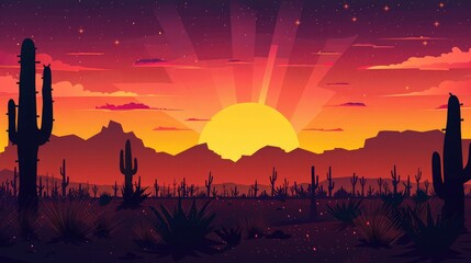 Naklejka premium Silhouette of a desert landscape with cacti against a vibrant sunset