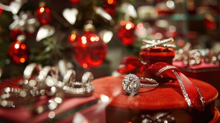 Fototapeta premium Jewelry store s winter holiday sale with Christmas tree ribbon and engagement rings as decorations