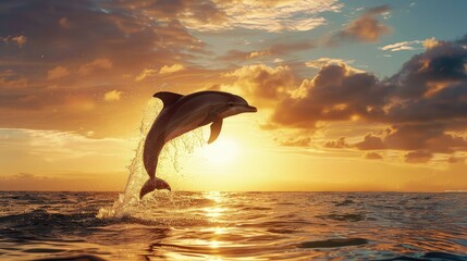 Silhouette of a dolphin jumping out of the water at sunset © buraratn