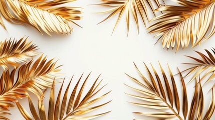 Abstract gold palm leaves on white background with copy space viewed from above