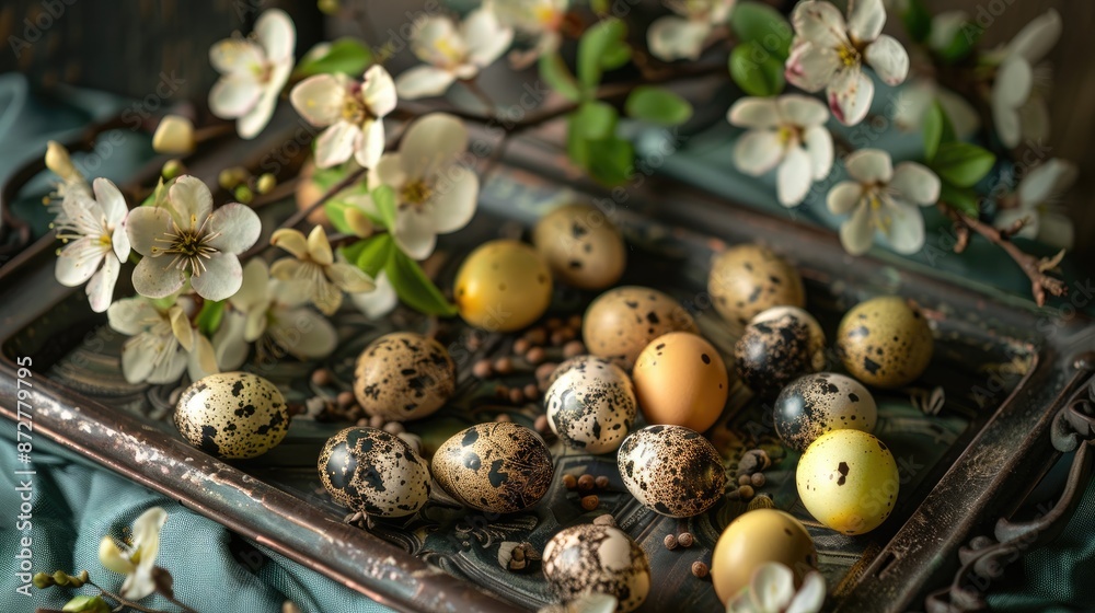 Sticker Easter display Quail eggs and spring quince on a classic tray