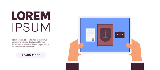Legal law and justice badge on hand holding digital tablet pc screen view flat vector illustration.	
