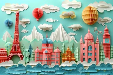 Fototapeta premium A whimsical world tour scene crafted entirely from paper art.