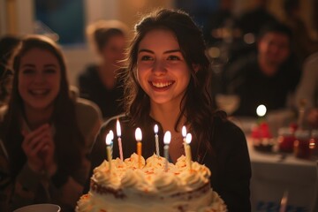  A festive scene capturing a birthday cake surrounded by smiling faces and colorful decorations.