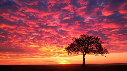 Fototapeta premium Silhouette of a lone tree against a vibrant sunset sky