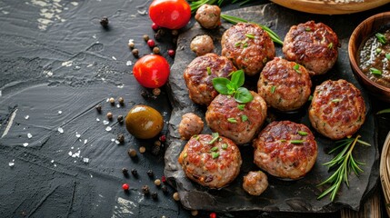 Homemade succulent meat cutlets and meatballs on stone table top view