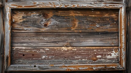 Aged barn wood backdrop with brown wooden frame Timber texture for signboard or billboard Pine panel with worn paint