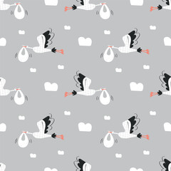 Cute stork seamless pattern. bird cartoon character. flat vector illustration. Template baby photo album, pattern for wallpapers, textile or nature background. childish motifs, baby shower concept 