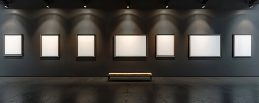 Museum exhibit space with blank art frames on dark grey walls and a solitary bench under professional lighting.