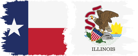 Illinois and Texas states grunge brush flags connection vector
