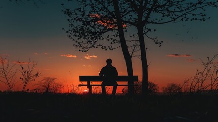Silhouette of a person sitting on a bench watching the sunset