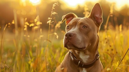 Pitbull in meadows watching at sunset with blurred background