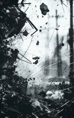 Shattered glass and debris create a chaotic abstract pattern against a blurred background of power lines.
