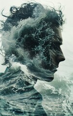 Abstract portrait of a man with crashing waves superimposed over his face.  The image evokes feelings of power and strength.