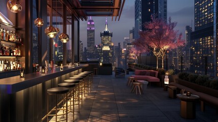 Fototapeta premium A contemporary terrace lounge with a sleek bar counter, stylish stools, and a view of a bustling cityscape at night.