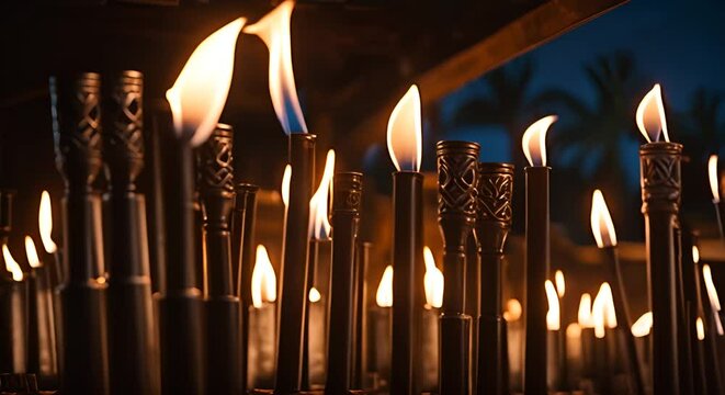 Torches on a Polynesian beach.