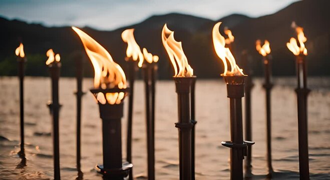 Torches on a Polynesian beach.