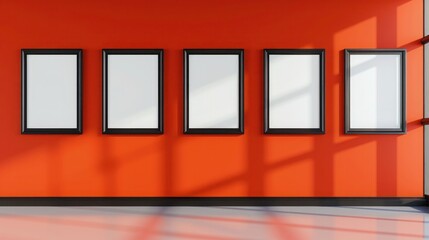 Modern gallery mockup featuring five black frames on a bright orange wall background.