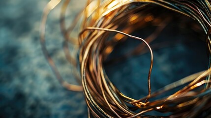 Macro Shot of Copper Wire on Metal Surface with Space for Text