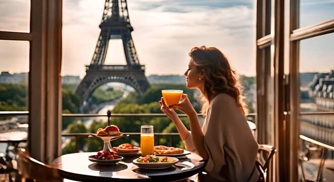 Woman having breakfast in Paris.