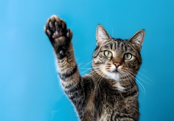 Tabby Cat Paw Raised Blue Background Studio Shot